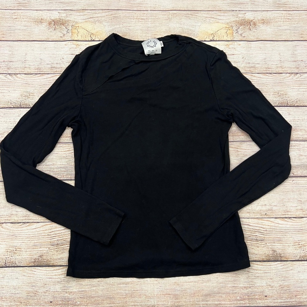 LILISIDONG Black Ribbed Long‎ Sleeve Crew Neck Top Arty Urban Pop Size Small